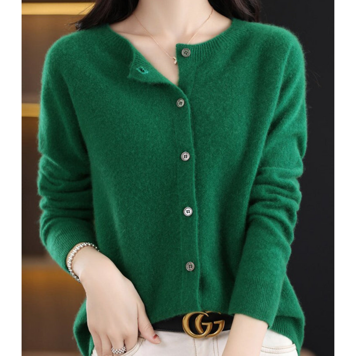 Women's knit O-neck cardigan, button-front design, offering comfort and elegance for daily wear.