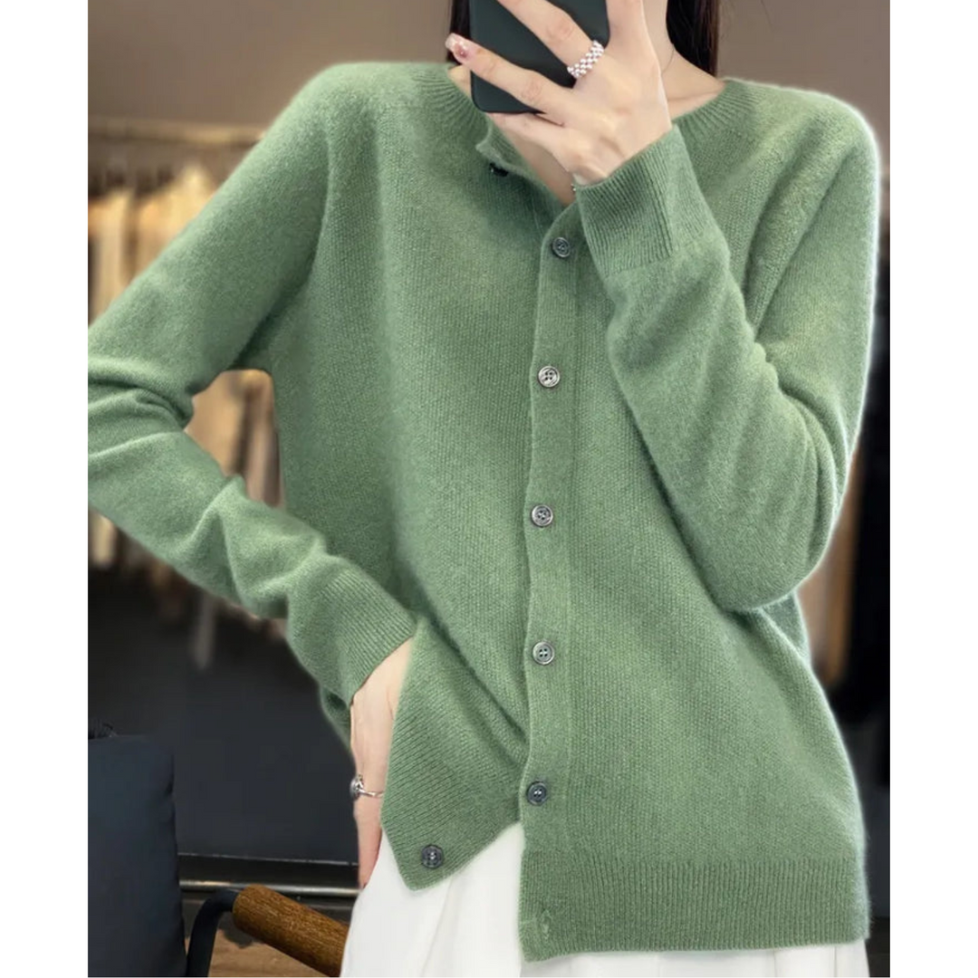 Women's button-front O-neck cardigan sweater for versatile office & casual styling.