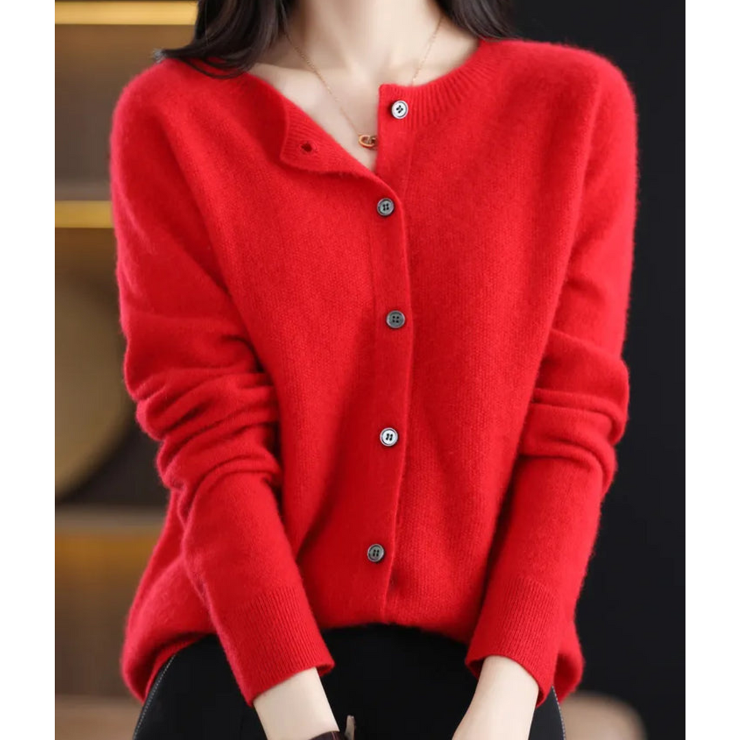 Comfortable women's O-neck button-front sweater cardigan, great for elegant casual & office wear.
