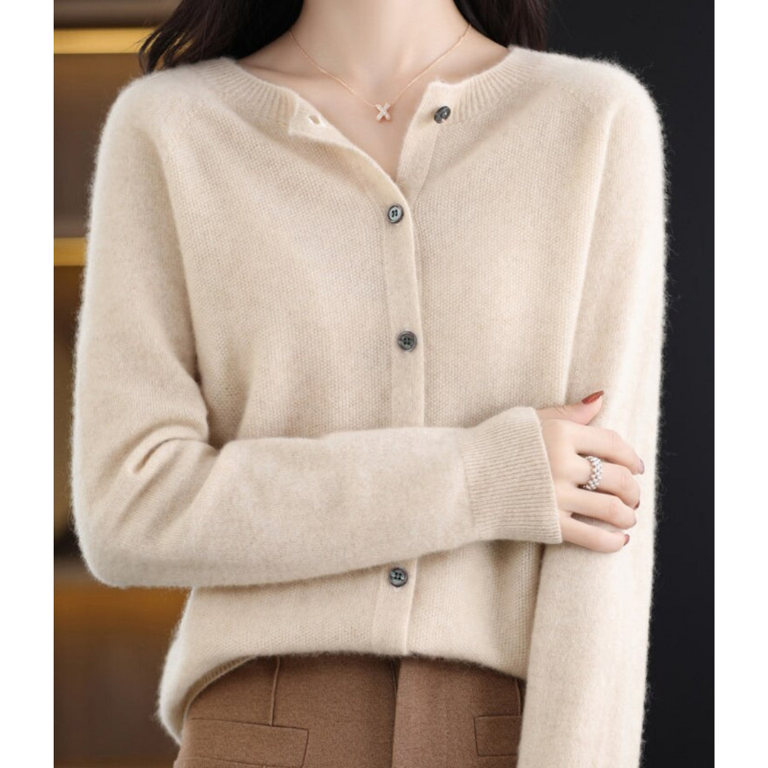 Fashionable women's button-front O-neck cardigan, versatile knitwear for everyday office & casual.
