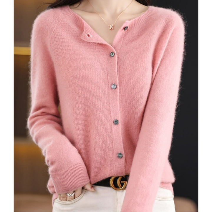 Elegant women's O-neck cardigan with buttons, ideal for office wear or casual outings.