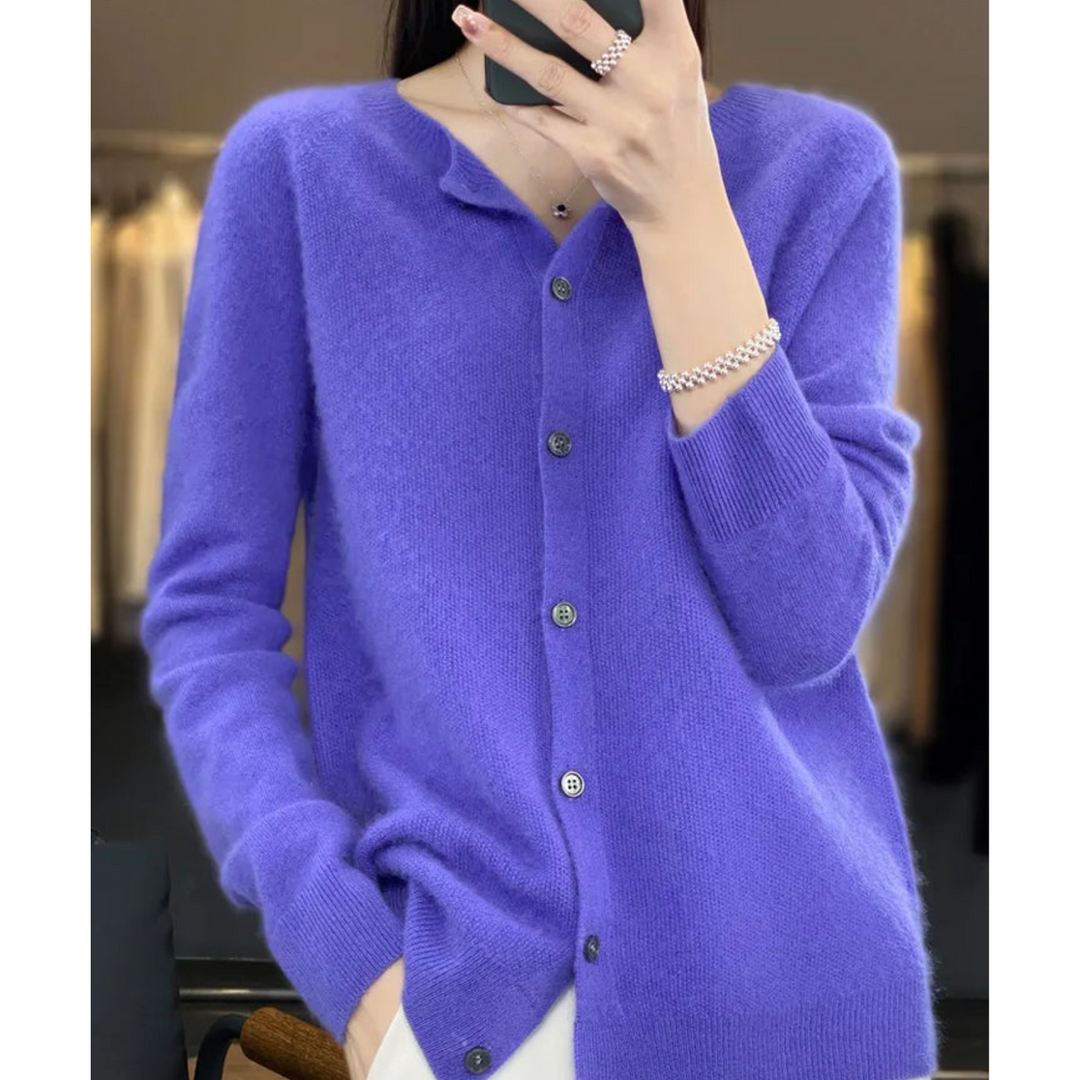 Versatile women's button-front O-neck cardigan sweater, comfortable for everyday fashion.