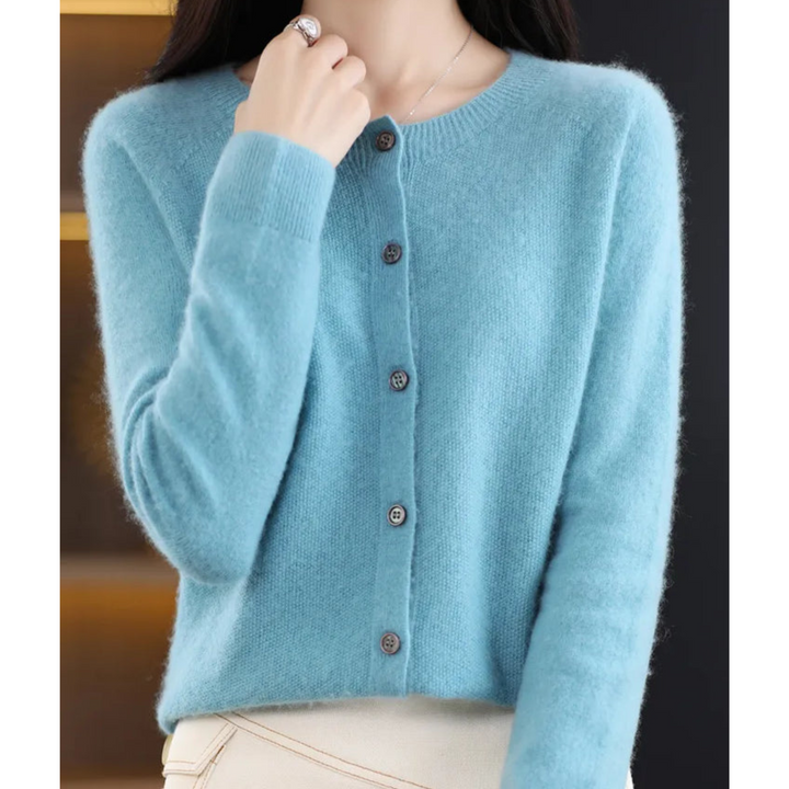 Soft knit women's O-neck cardigan, button-front design for comfy office & casual layering.