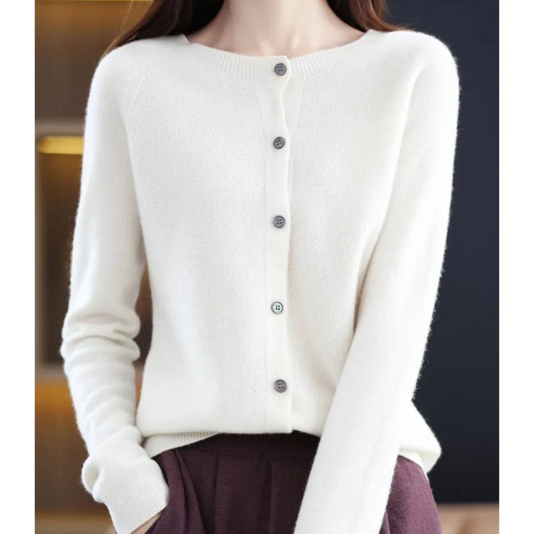 Chic women's O-neck cardigan, full button front, a versatile piece for elegant everyday wear.