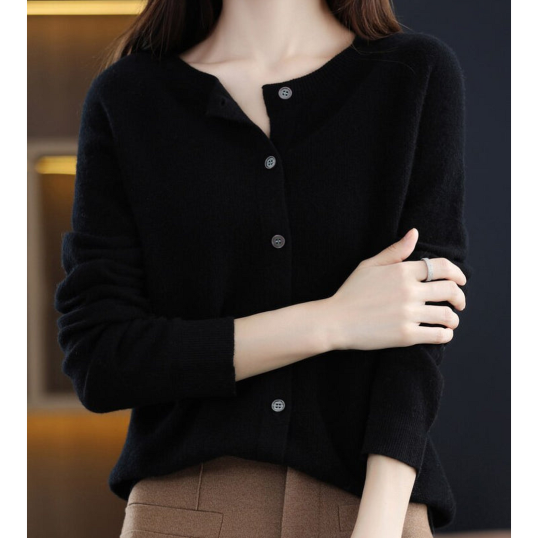 Comfortable women's button-front O-neck cardigan, a stylish knitwear choice for office & casual.