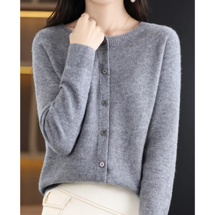 Women's elegant O-neck cardigan with buttons, a versatile sweater for office and casual style.