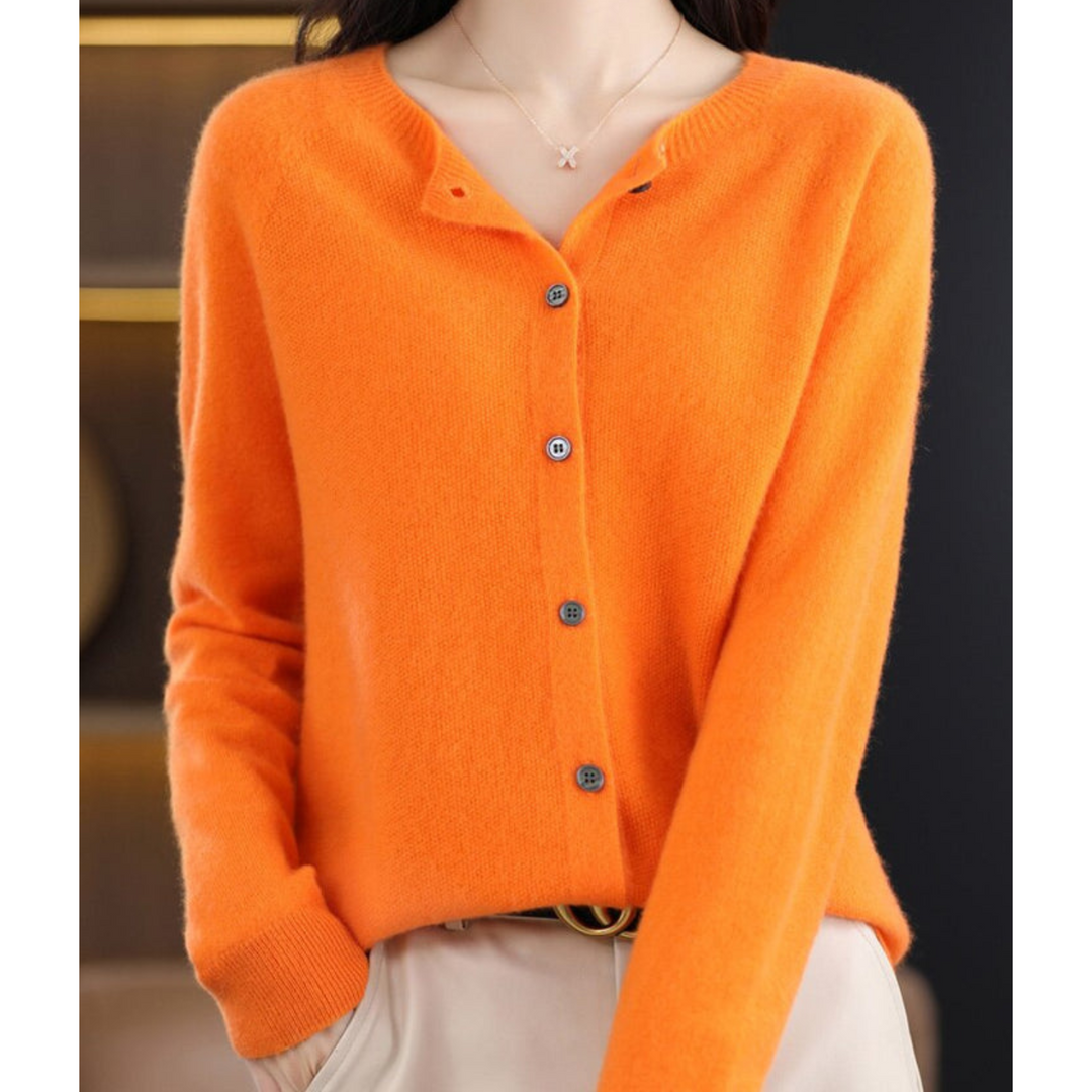 Professional women's O-neck button-front cardigan, perfect layering for office environments.
