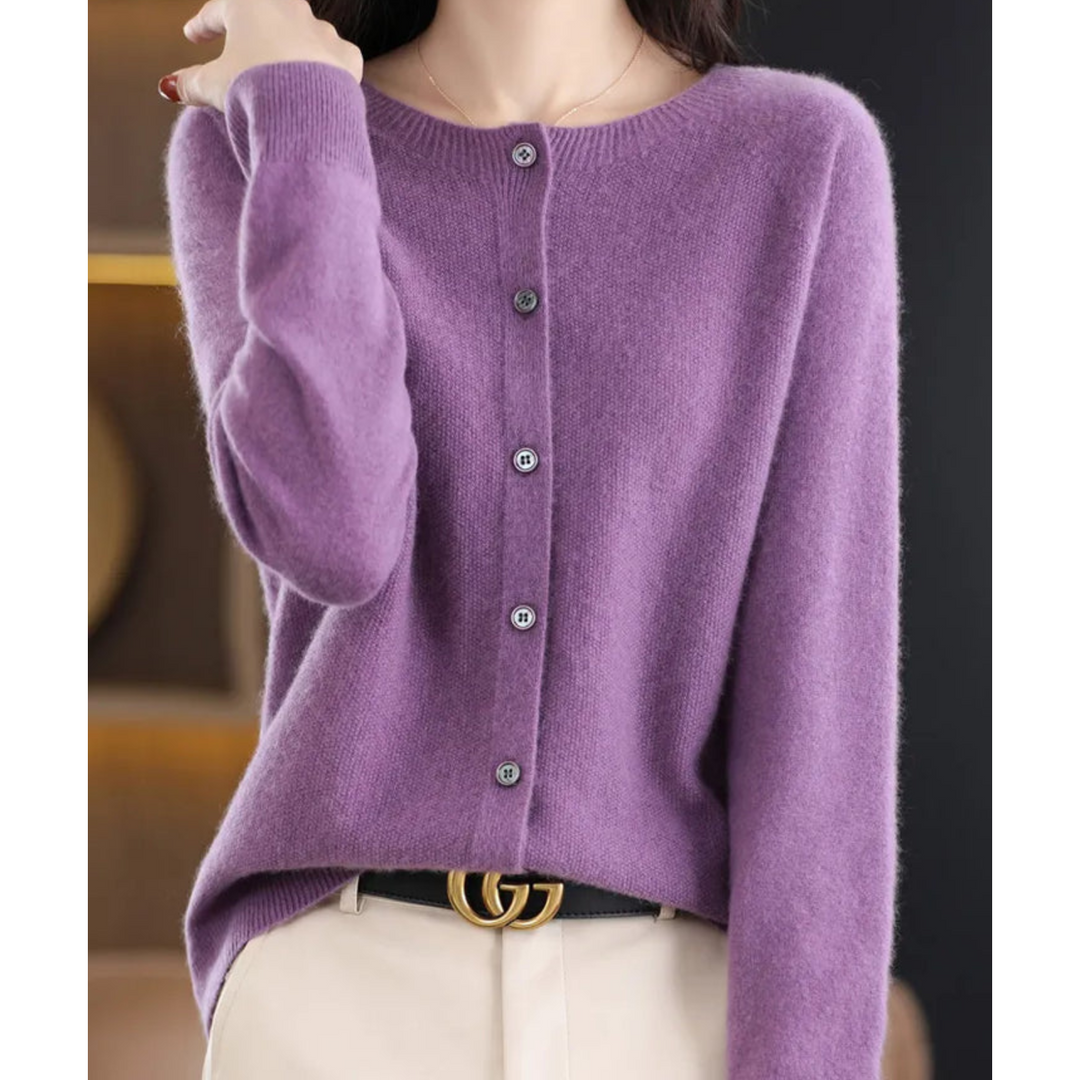 Casual women's button-front O-neck knit cardigan, comfortable everyday fashion statement.