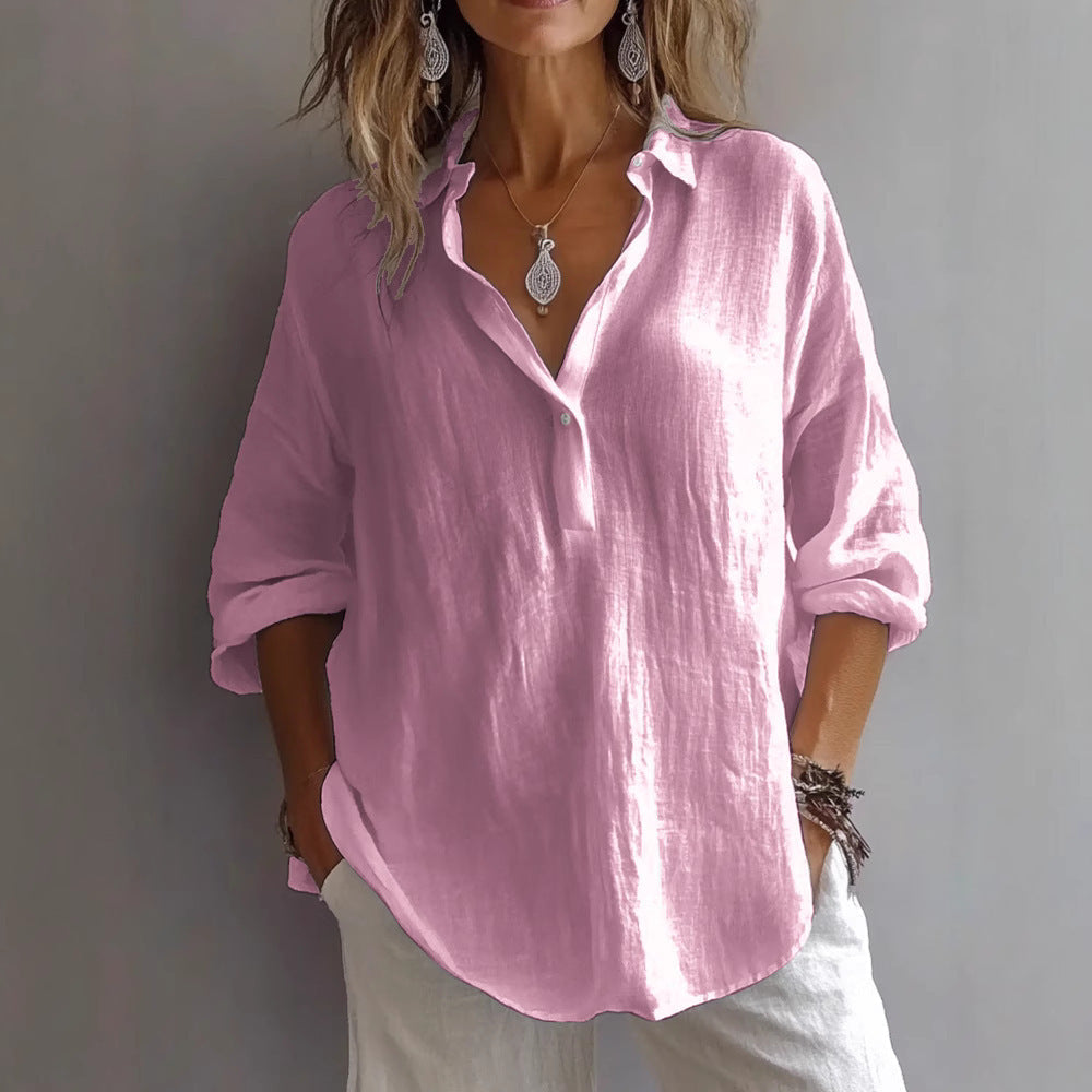 Everyday women's button shirt, comfortable wide sleeves, relaxed fit. Chic casual top for summer style.
