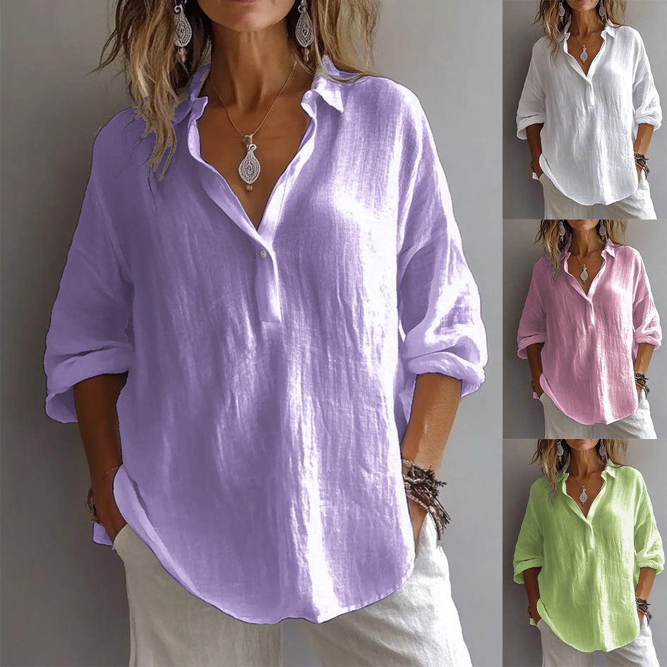 Chic women's button shirt featuring relaxed wide sleeves & a comfortable fit. Versatile casual blouse for summer.