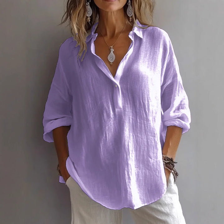 Comfortable women's blouse, button-front with relaxed wide sleeves. Ideal for casual wear & summer fashion.