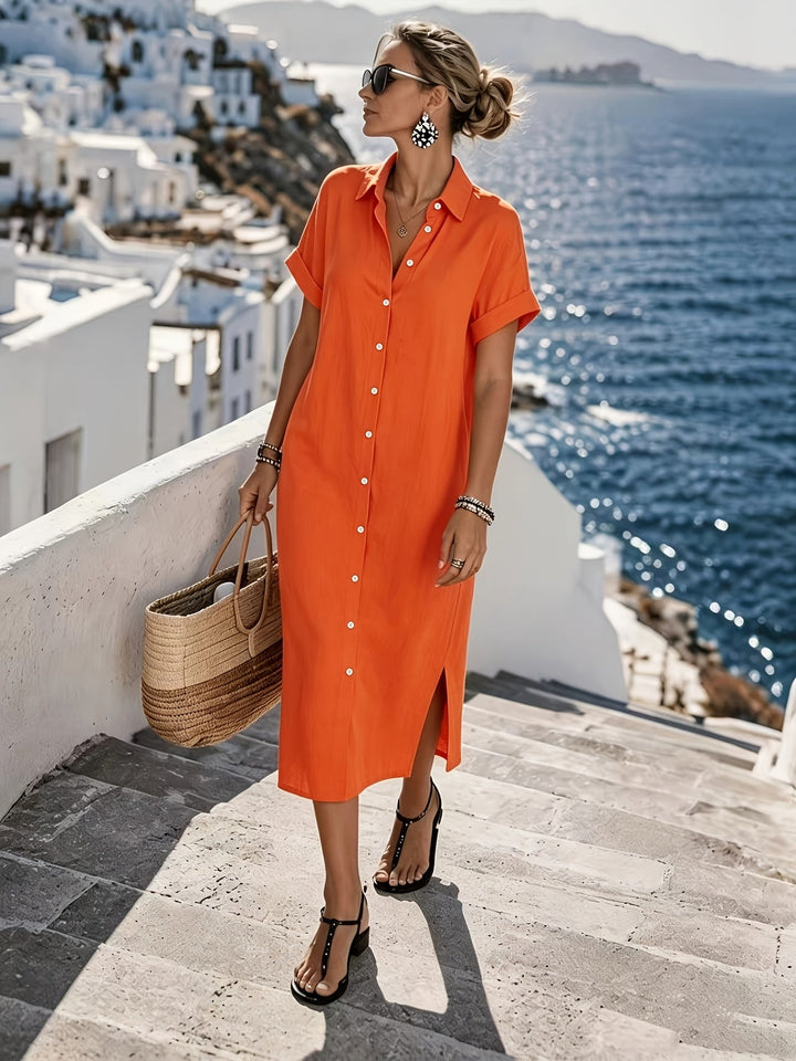 Women's button-front short sleeve midi shirt dress, perfect for a casual summer vacation.