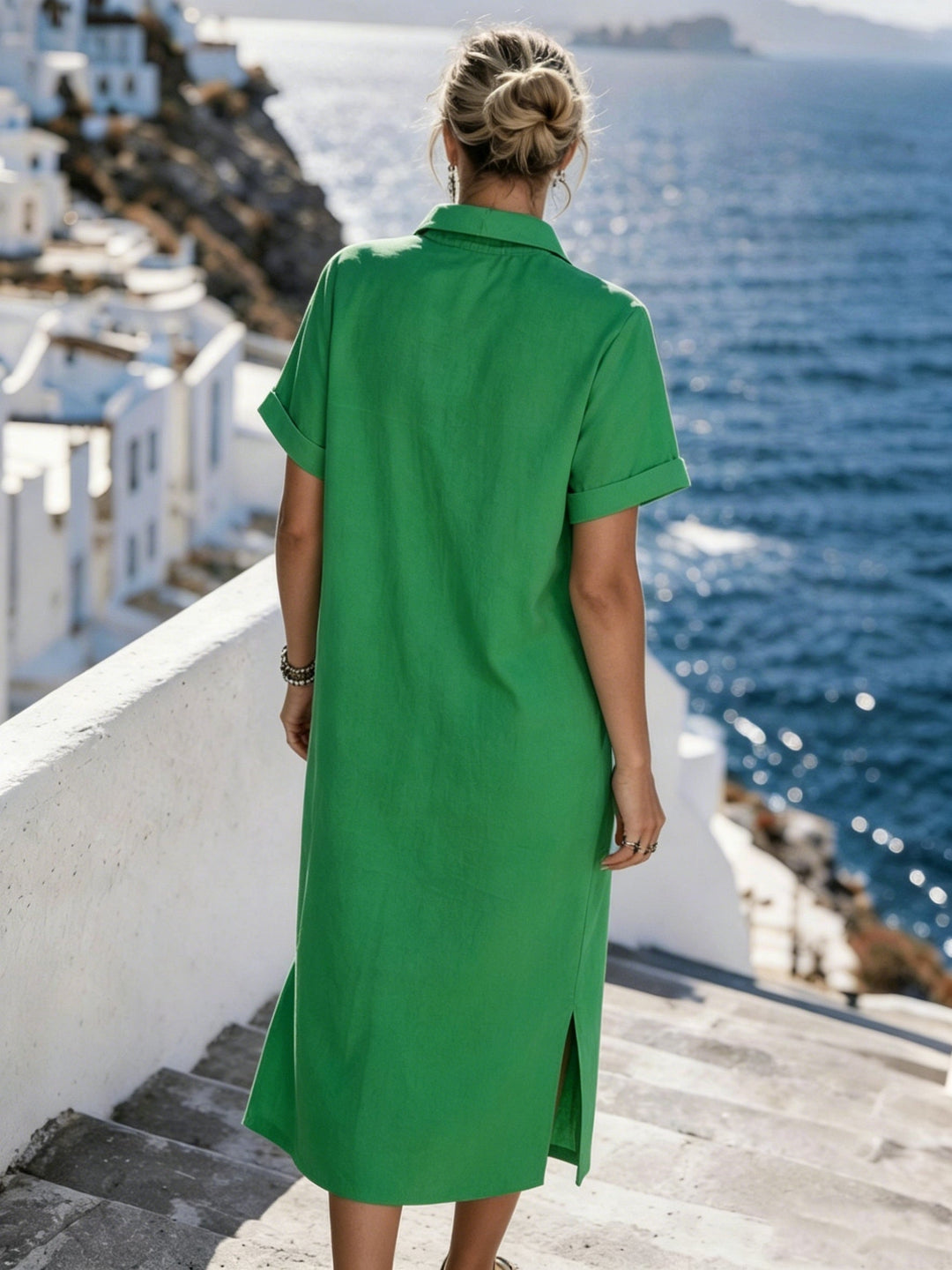 Women's casual short sleeve button-front shirt dress, perfect for summer vacations.