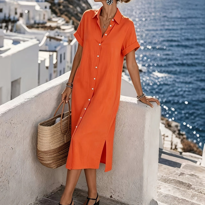 Stylish women's midi shirt dress, short sleeve & button front, for a relaxed vacation look.