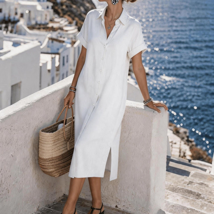 Travel-friendly women's short sleeve button-front midi dress, excellent for resort wear.