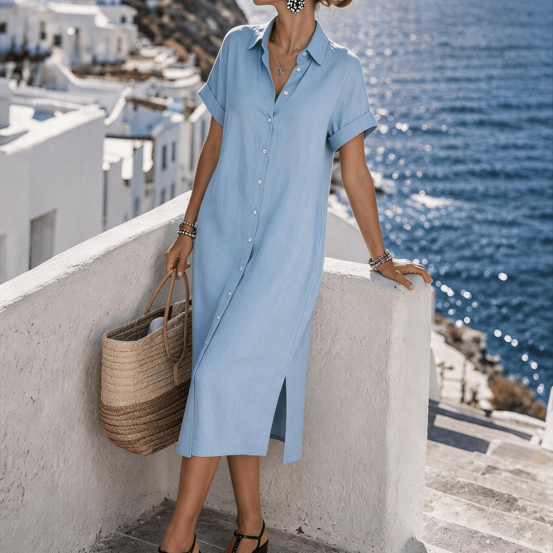 Women's tailored shirt dress, short sleeve and button front, a chic option for summer vacation.