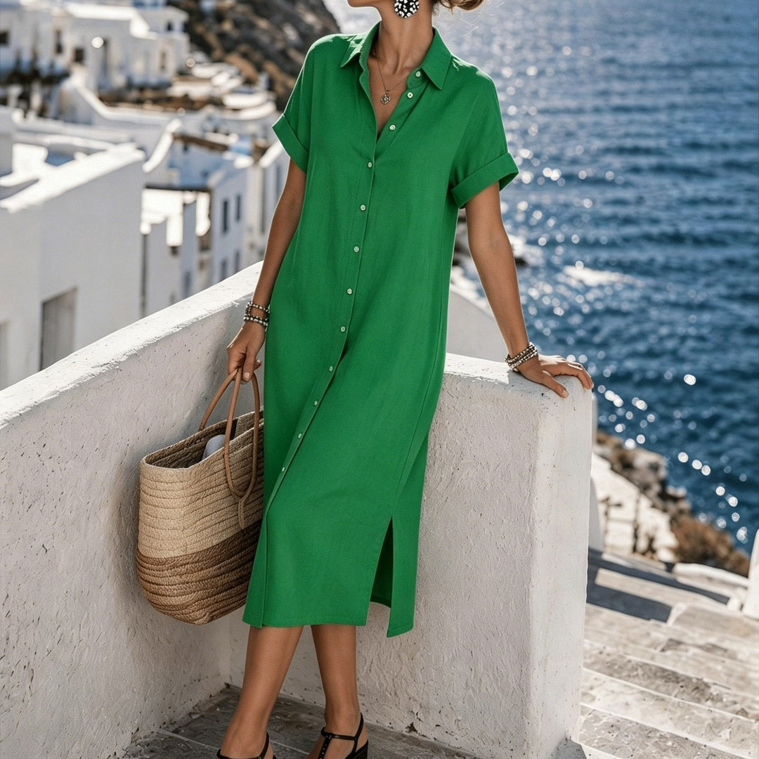 Comfortable women's button-front short sleeve vacation dress, perfect for effortless summer style.