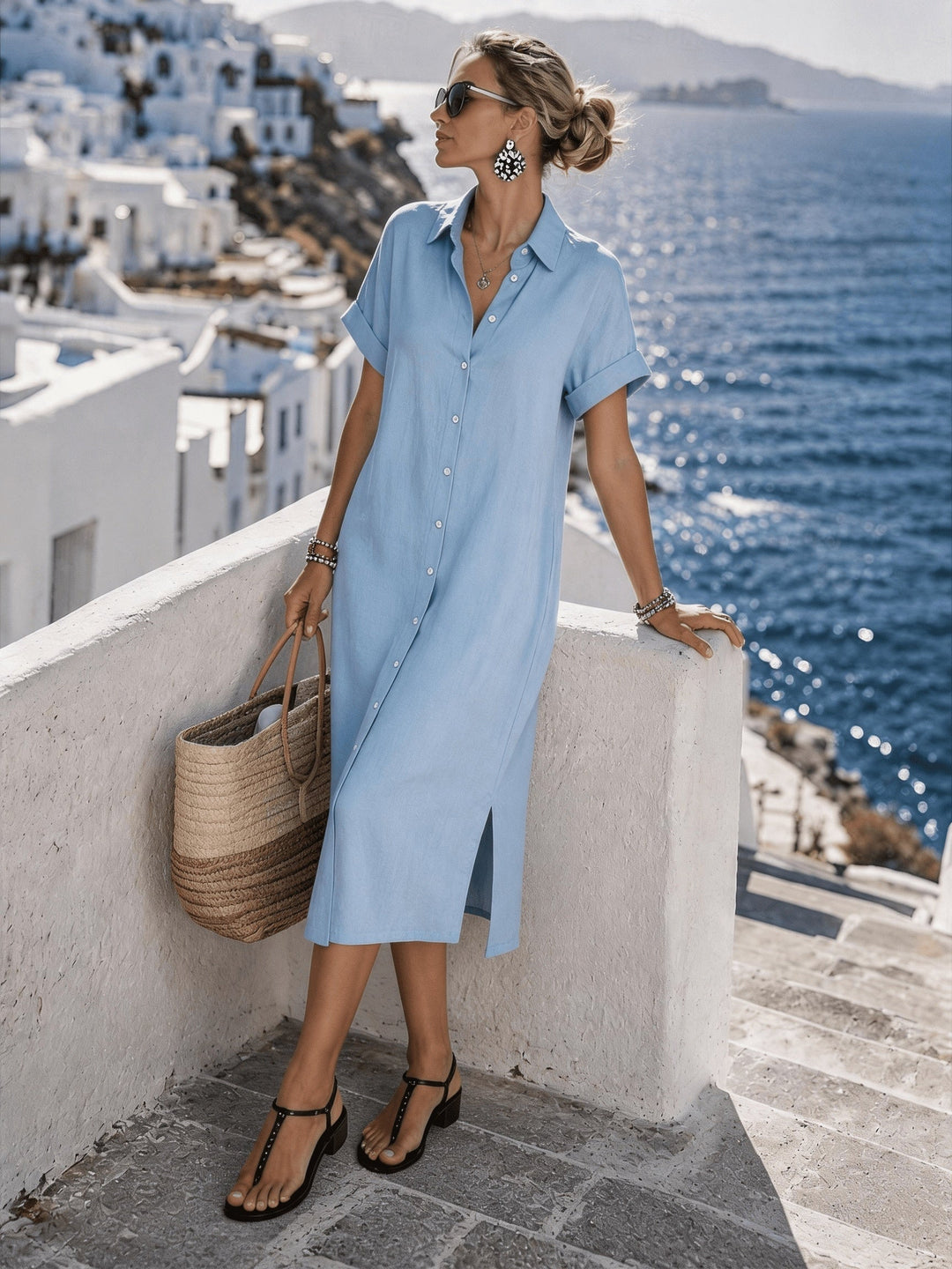 Comfortable button-front short sleeve dress for women, great for summer vacation style.