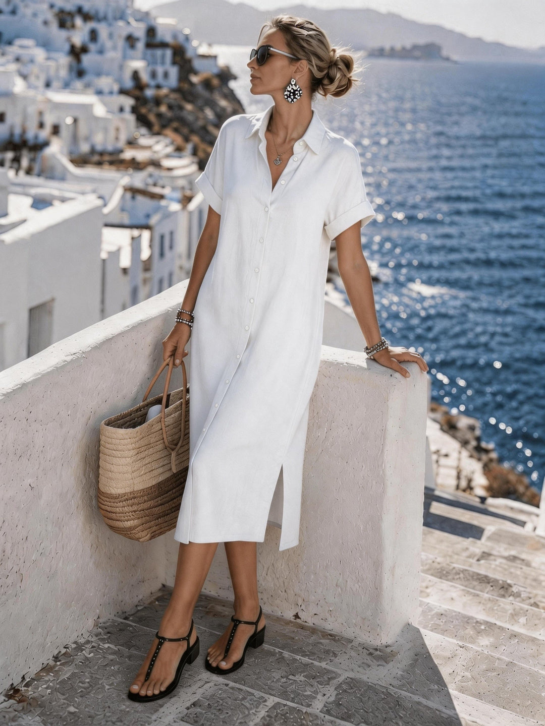 Casual midi shirt dress with button front and short sleeves, a women's vacation essential.
