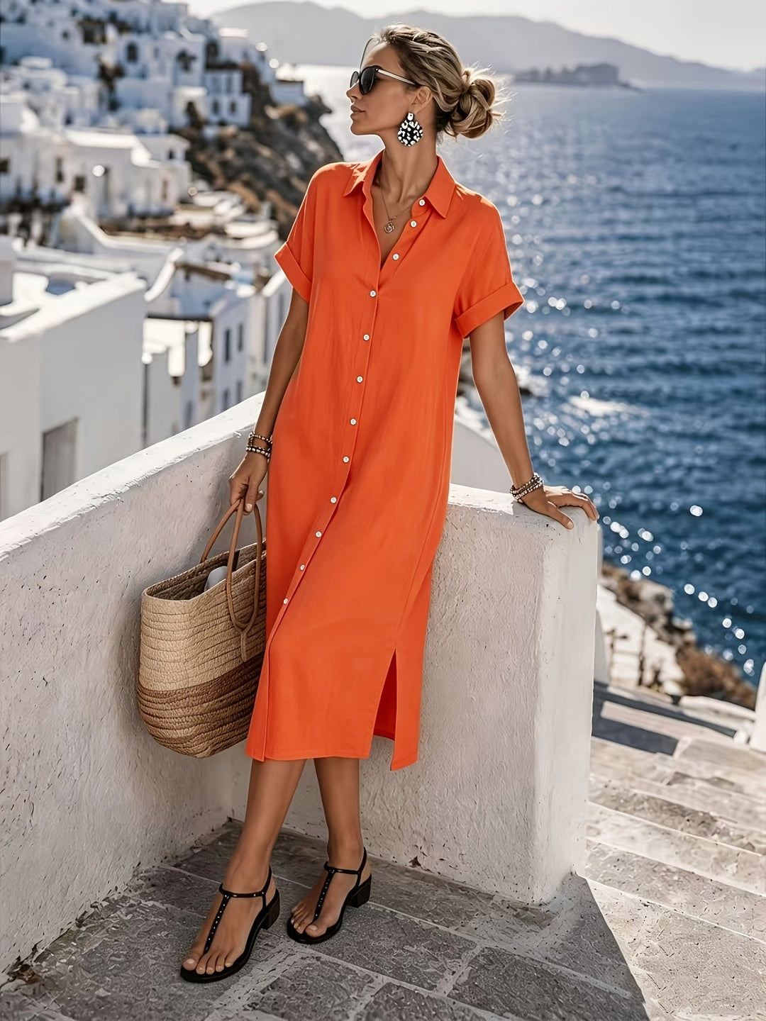 Stylish women's short sleeve shirt dress, featuring a button front, for resort and travel.