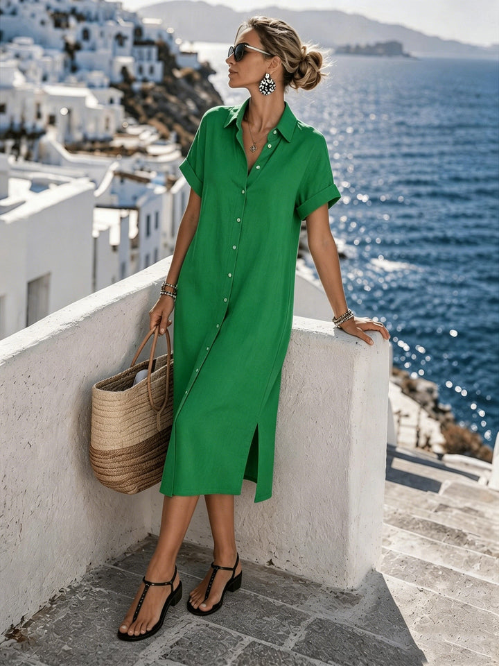 Summer-ready women's button-front short sleeve dress, an easy vacation midi style.