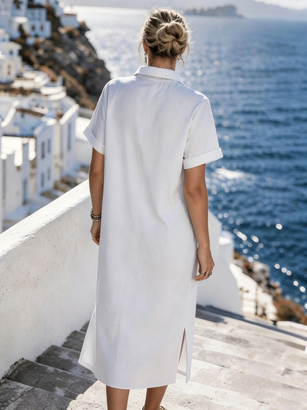Effortless women's summer midi shirt dress with short sleeves and full button front.