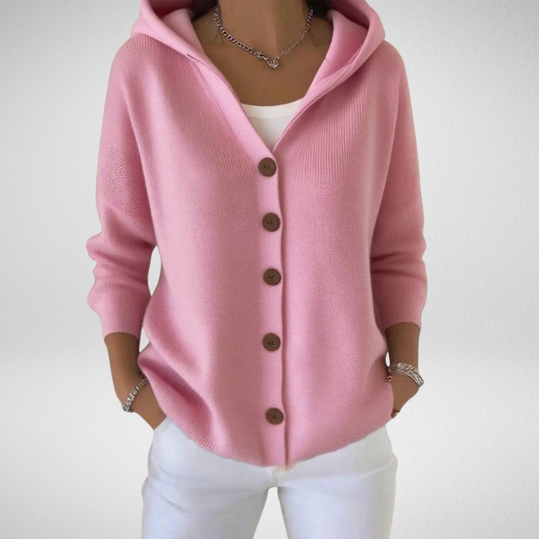 Women's button-up hooded cardigan sweater, long sleeve, for casual fall & winter wear.