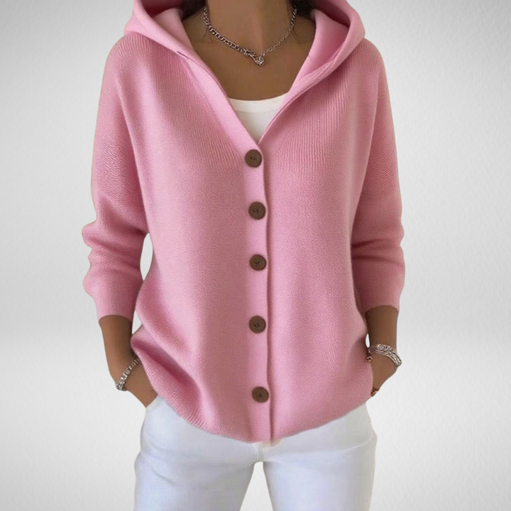 Women's button-up hooded cardigan sweater, long sleeve, for casual fall & winter wear.