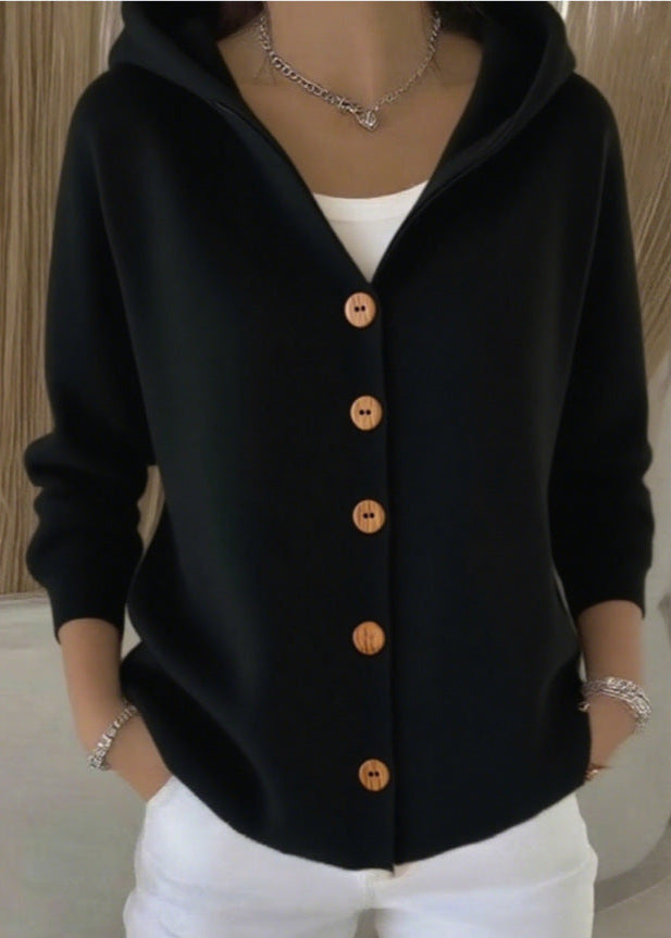 Chic women's button-up hooded cardigan sweater. Long sleeve, great for casual fall, winter & everyday style.