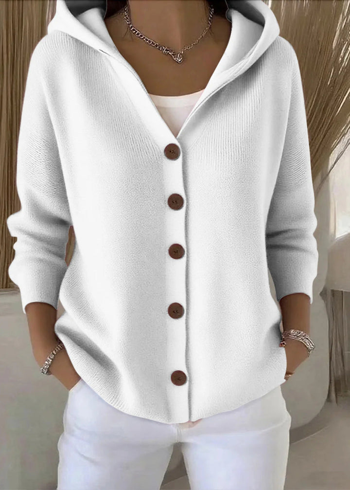 Fall fashion women's hooded cardigan sweater. Long-sleeve button-up for casual everyday layering.