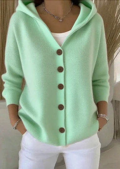 Versatile women's button-up hooded cardigan. Everyday long-sleeve sweater for fall & winter layering.