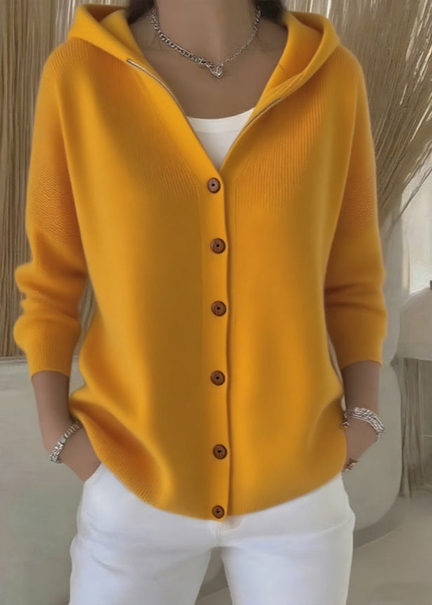 Stylish women's hooded cardigan, button-up design. Perfect long-sleeve sweater for casual fall outfits.