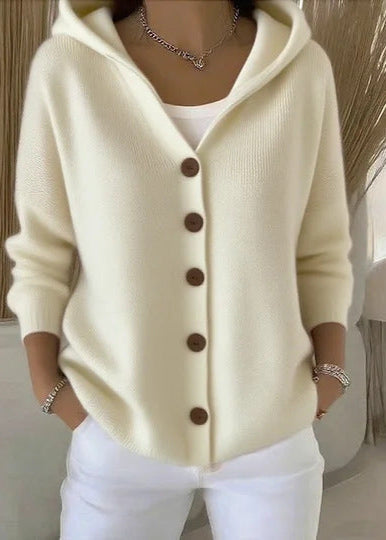 Warm women's hooded sweater cardigan. Button-up long sleeve for comfortable fall and winter style.
