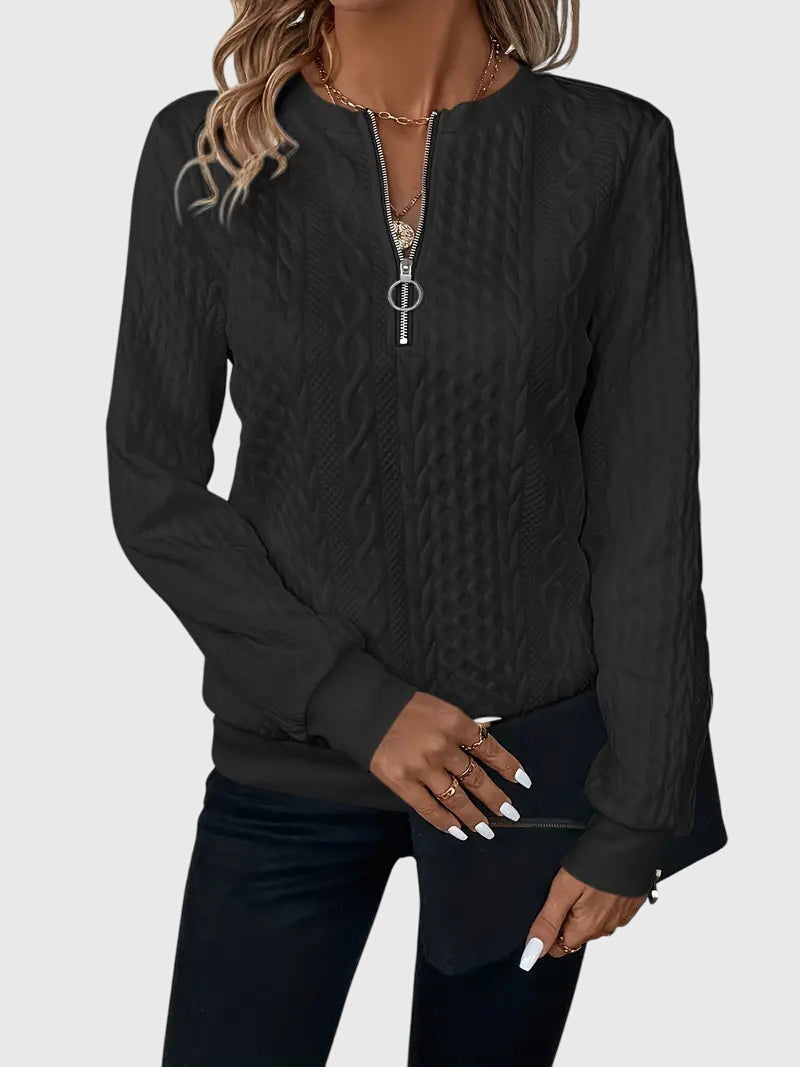 Everyday women's cable knit quarter-zip sweater, cozy and stylish for any casual occasion.