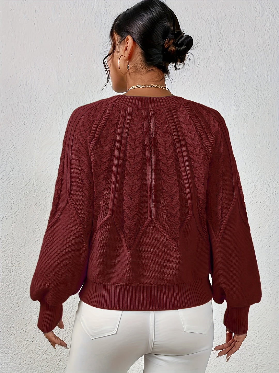 Women's cozy knit sweater, relaxed fit, beautiful cable pattern & graceful lantern sleeves.