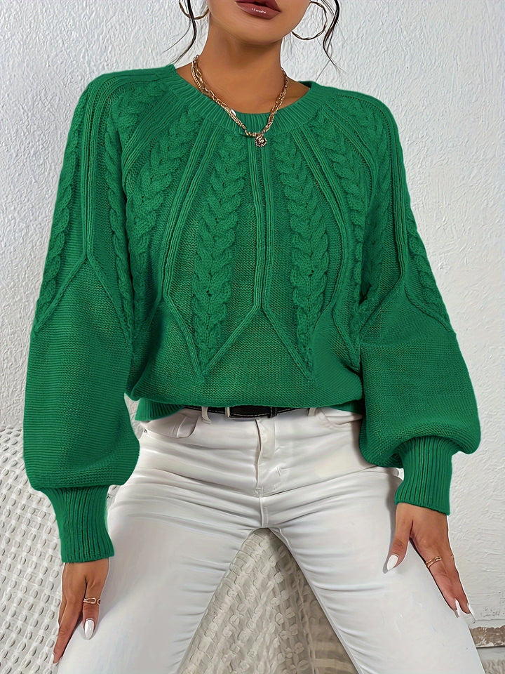Relaxed fit women's cable knit sweater, stylish lantern sleeves, great for chilly days.