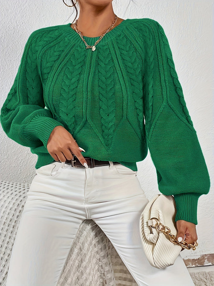 Women's casual-chic cable knit sweater, relaxed fit, with beautiful lantern sleeves.