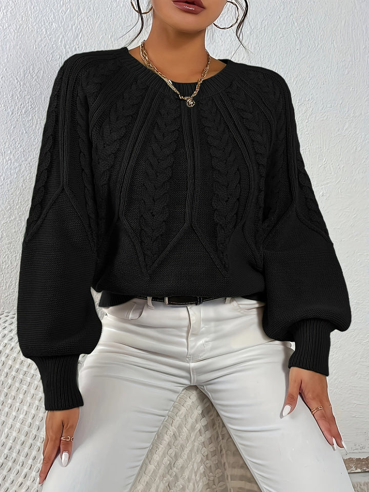 Stylish women's relaxed fit cable knit sweater, soft and warm, with lantern sleeves.