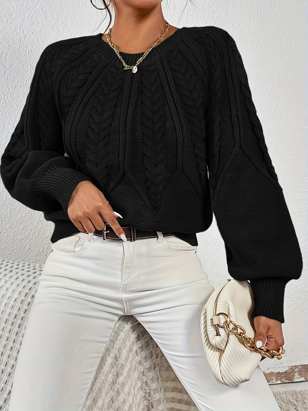 Women's casual cable knit sweater, relaxed fit, flowy lantern sleeves for comfort.