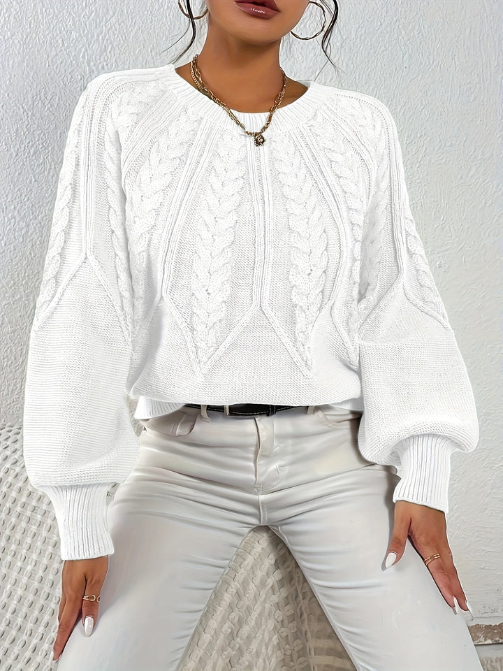 Relaxed fit women's cable knit sweater, cozy and soft, featuring stylish lantern sleeves.