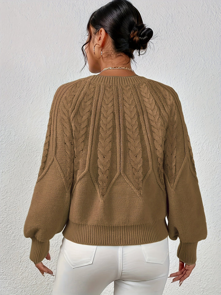 Women's fashion cable knit sweater, relaxed fit, comfortable long lantern sleeves.