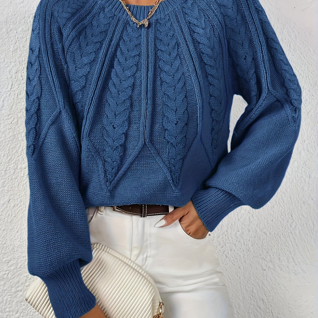 Women's cozy knit cable sweater, relaxed fit, unique lantern sleeves for a distinctive look.