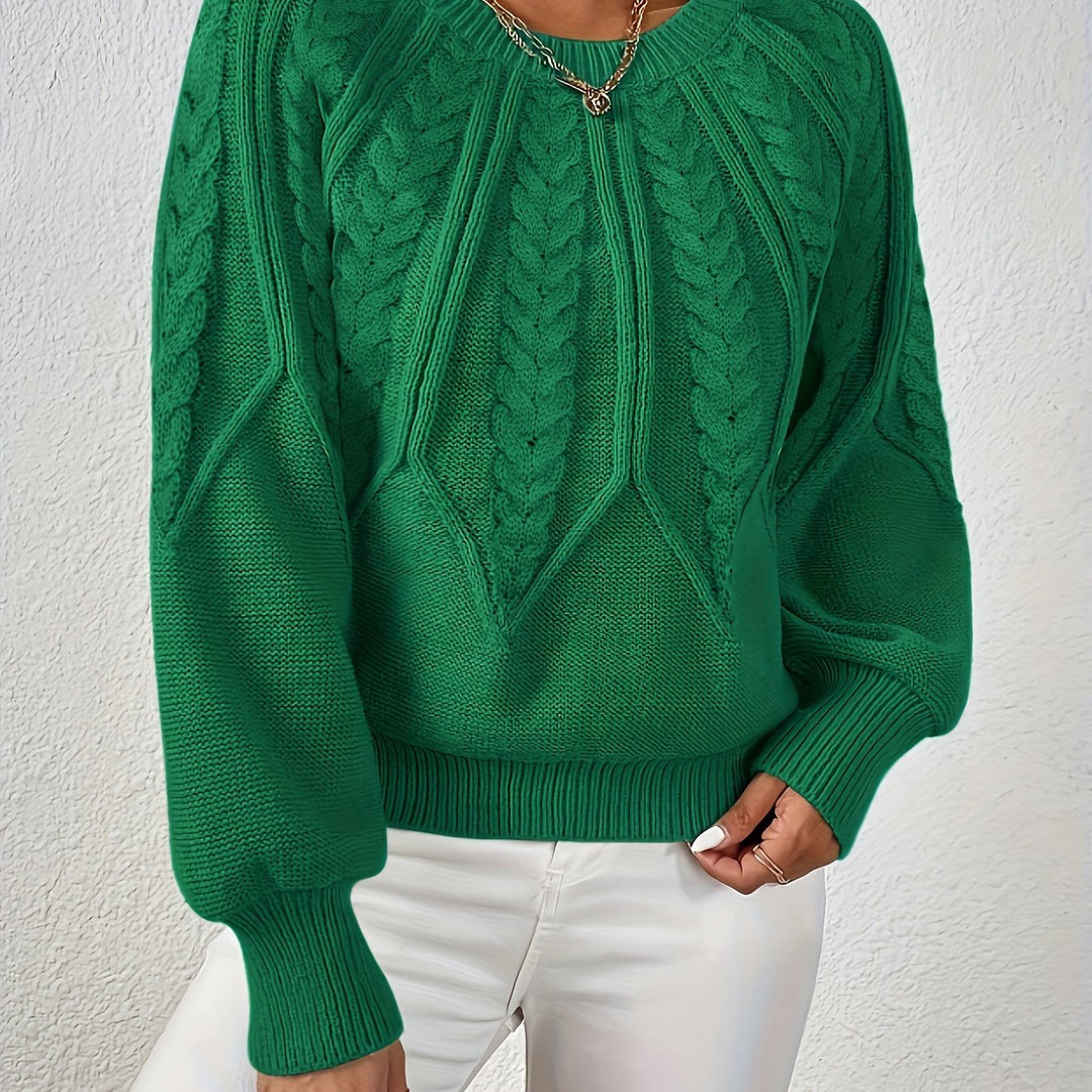 Winter-ready women's cable knit sweater, relaxed fit, comfortable lantern sleeves.
