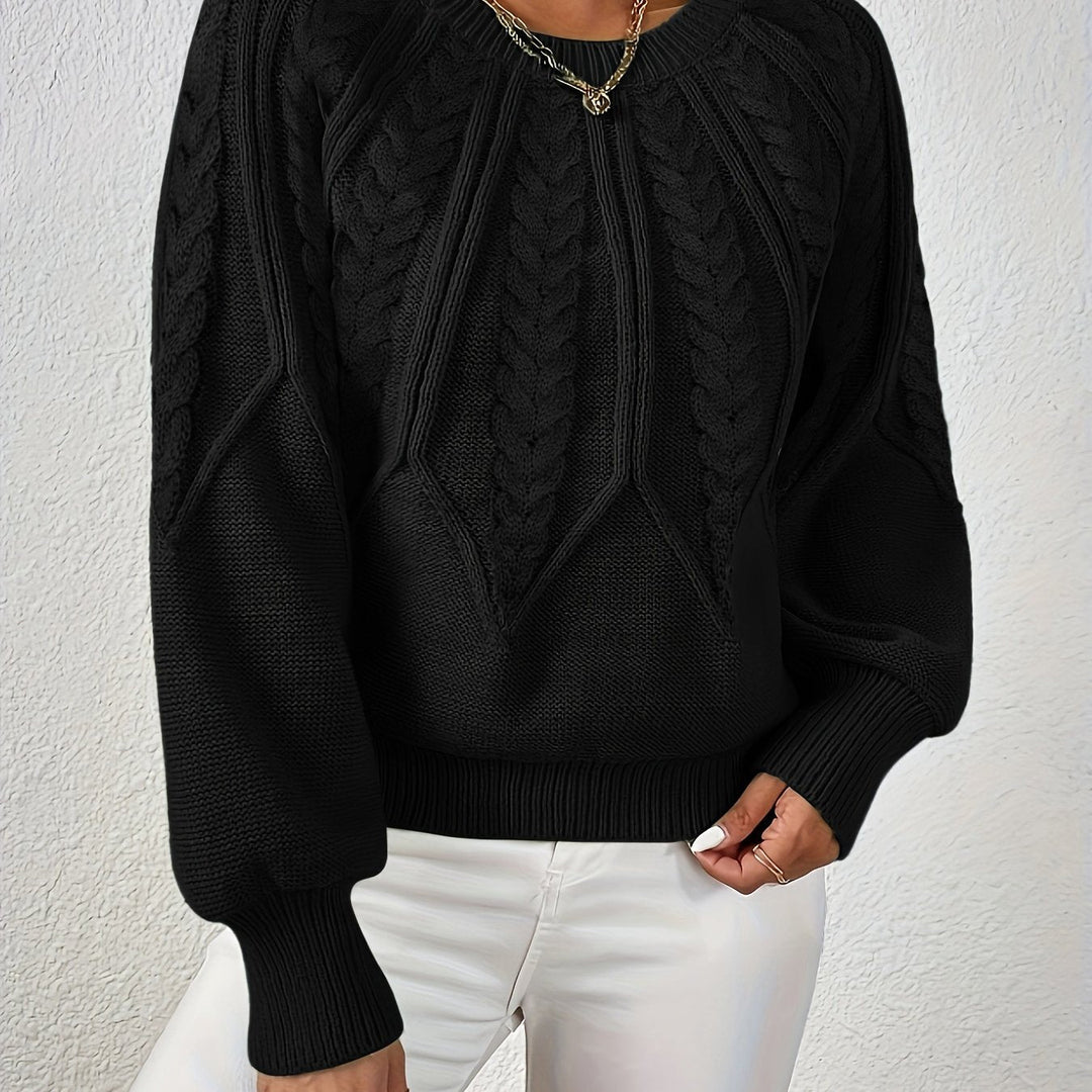 Stylish women's cable knit sweater, relaxed fit, lantern sleeves, a must-have for comfort.