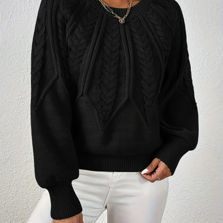 Stylish women's cable knit sweater, relaxed fit, lantern sleeves, a must-have for comfort.