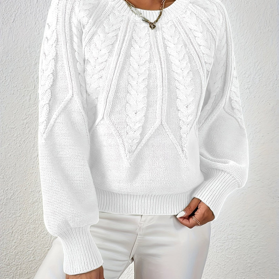 Women's casual long sleeve cable knit sweater, relaxed fit, with elegant lantern sleeves.