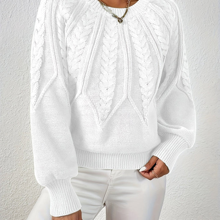 Women's casual long sleeve cable knit sweater, relaxed fit, with elegant lantern sleeves.