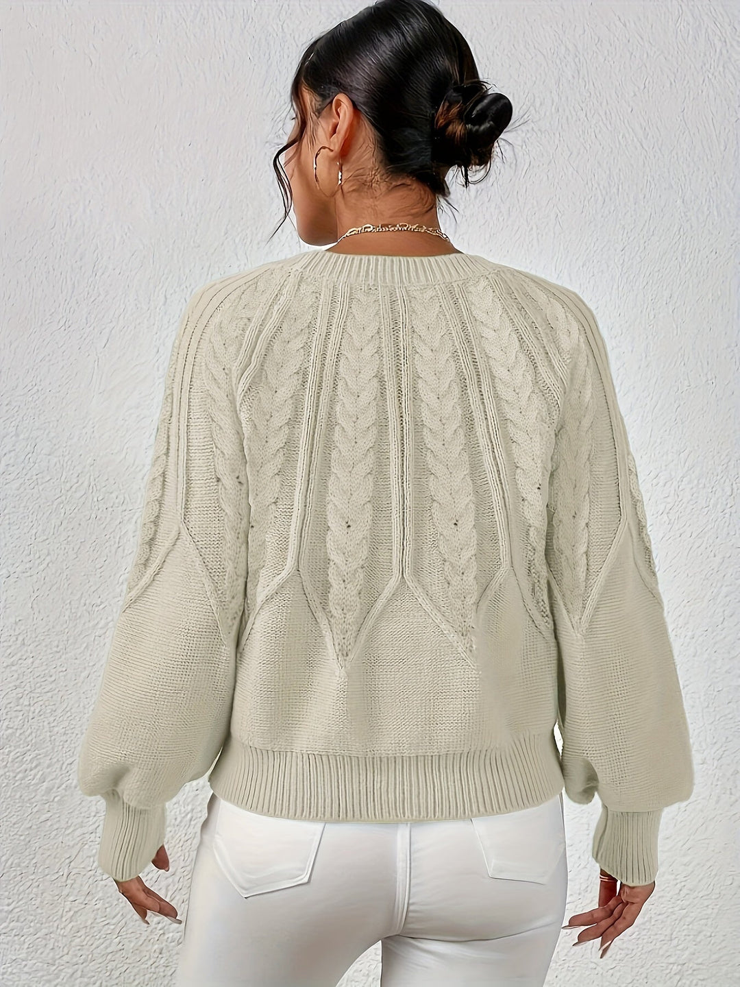 Women's casual cable knit sweater, relaxed fit, unique lantern sleeves, versatile everyday wear.