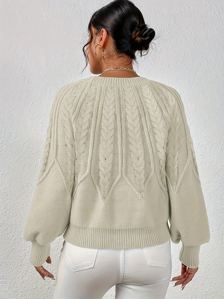 Women's casual cable knit sweater, relaxed fit, unique lantern sleeves, versatile everyday wear.