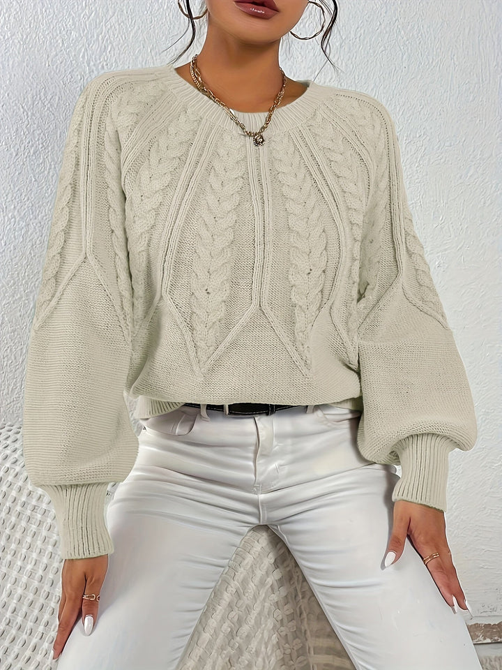 Long sleeve cable knit sweater for women, relaxed fit, with fashionable lantern sleeves.
